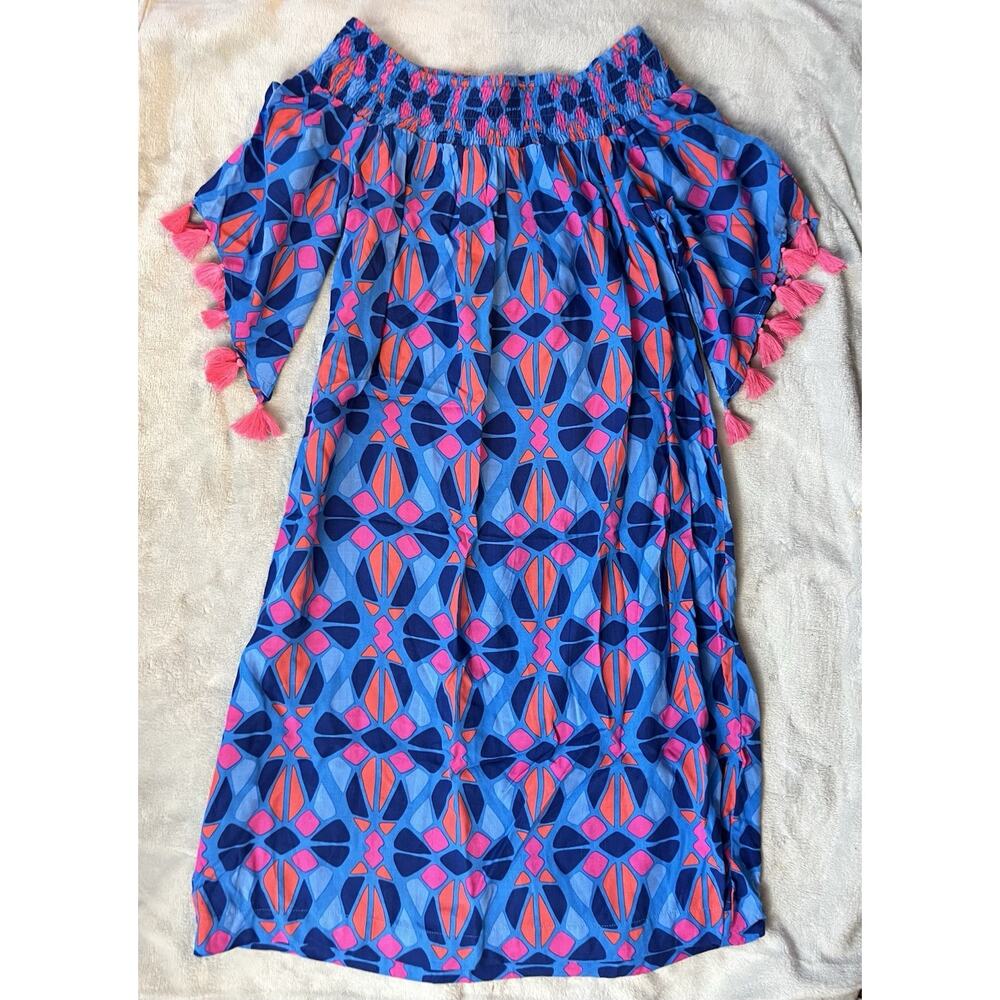 Escapada Living Beach Caftan Dress Small Mediterranean Coral Geometric Print NEW